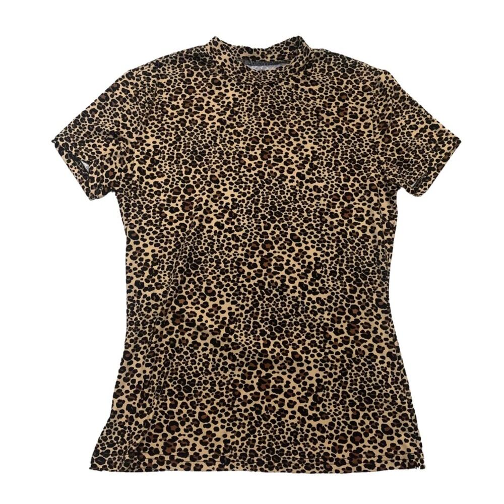 2/$30 Animal Print Leopard Tan Black Short Sleeve Top Medium Mock Neck Mob Wife